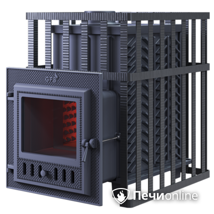 Дровяная банная печь Гефест ЗК в сетке-18 (М) чугунная дверца со стеклом, запатентованная каменка сетка в Брянске